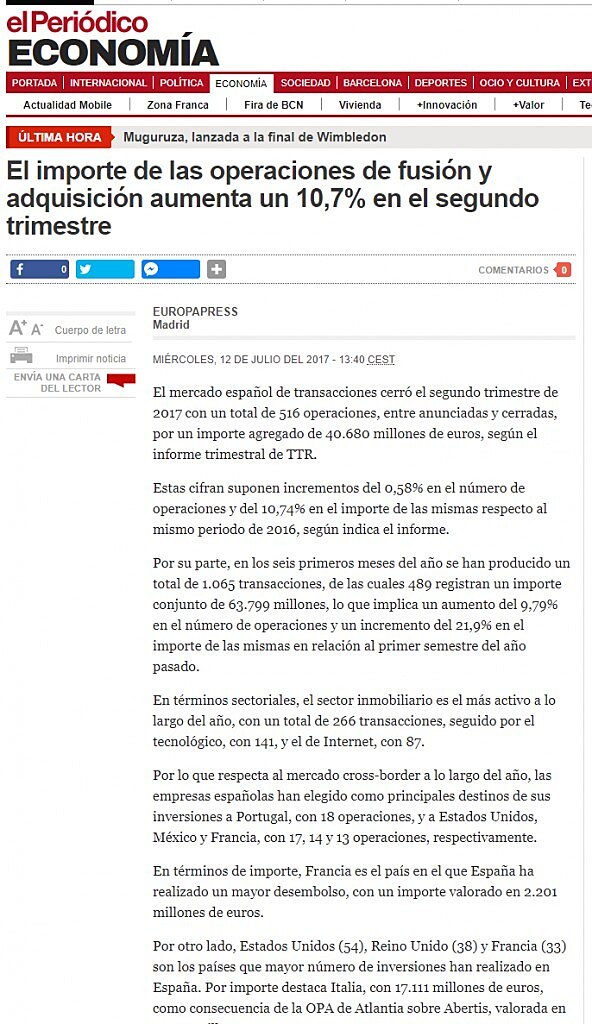 El importe de las operaciones de fusin y adquisicin aumenta un 10,7% en el segundo trimestre